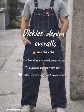 Dickies Denim Overalls 34x34 Wide Leg Raw Hem Carpenter Workwear streetwear